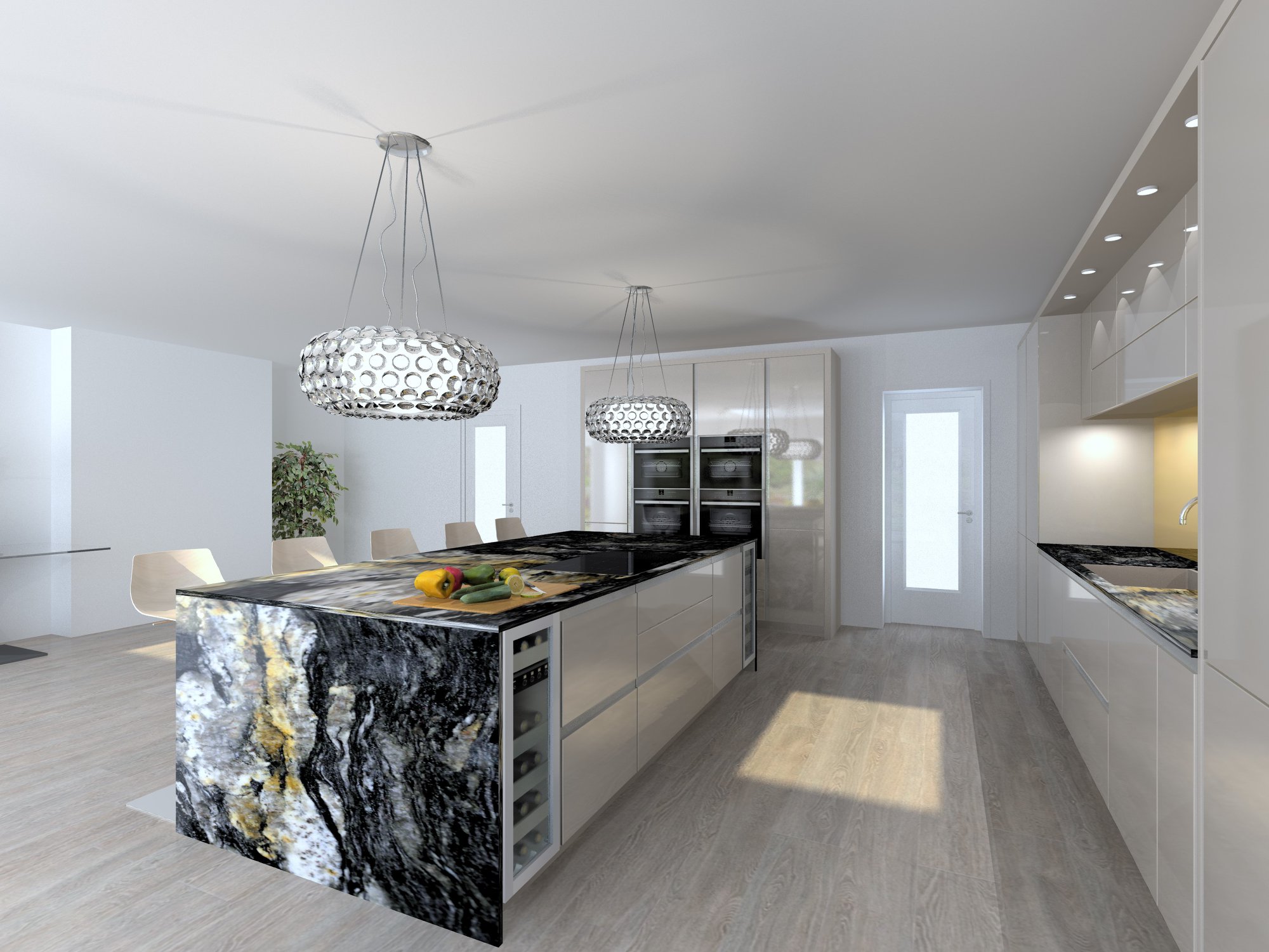 3D design render of white handleless kitchen with dramatic black and gold marble waterfall island and crystal pendant lights — Inner Peace Interiors, Camberley